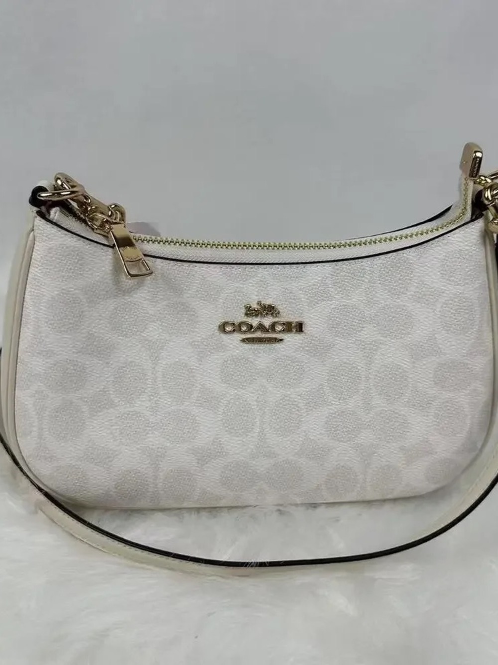 Coach Cream Signature Crescent Shoulder Bag with Gold Accents